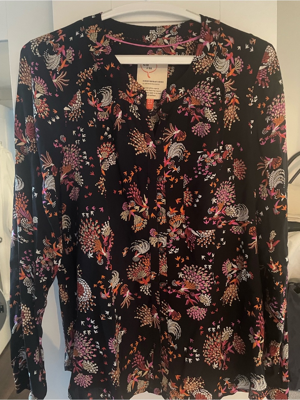 Anthropologie Black Floral Button-Down Shirt with Pink and Orange Accents
